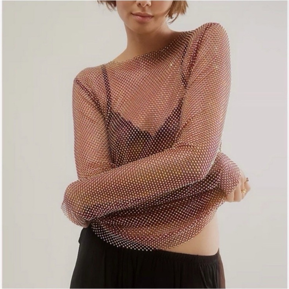 Free People Filter Finish Rhinestone Fishnet Ruby Red Long Sleeve Top Size XS